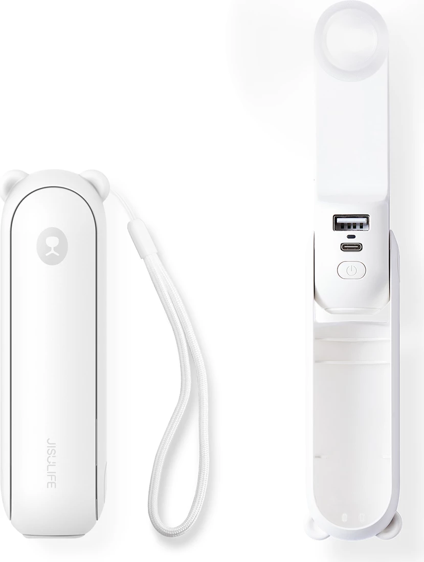 Ventilator dore Jisulife Life8 mini portativ USB 2000mAh 3-në-1 me power bank dhe llambë LED, i bardhë, set
