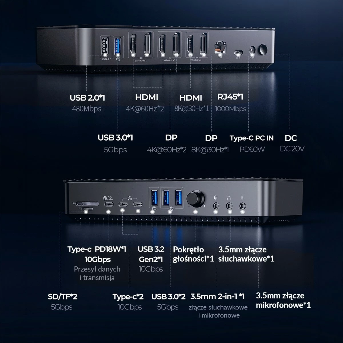 Stacion dokimi Orico USB-C DisplayLink, 10Gbps, 4x 4K@60Hz, PD 60W, i zi
