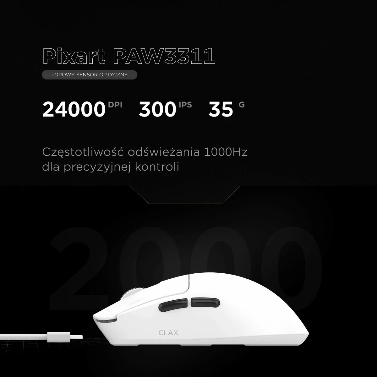 Maus Rampage Clax PAW3311, 24000 DPI, 1k Hz, Bluetooth 5.1, i bardhë