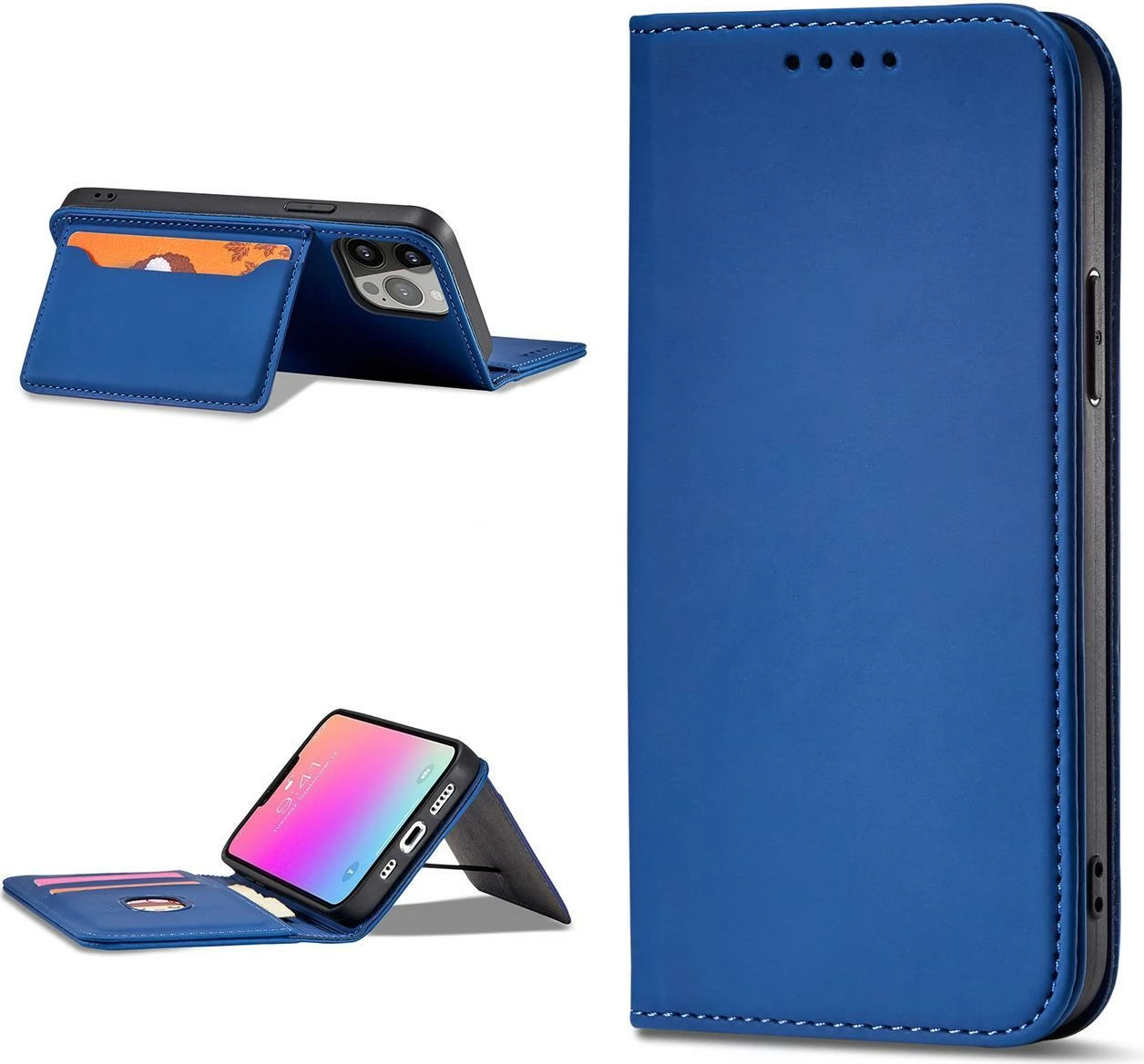 Mbështjellës Hurtel Magnet Card Case për iPhone 14, me kapak, xhep kartelash dhe mbajtëse, kaltër