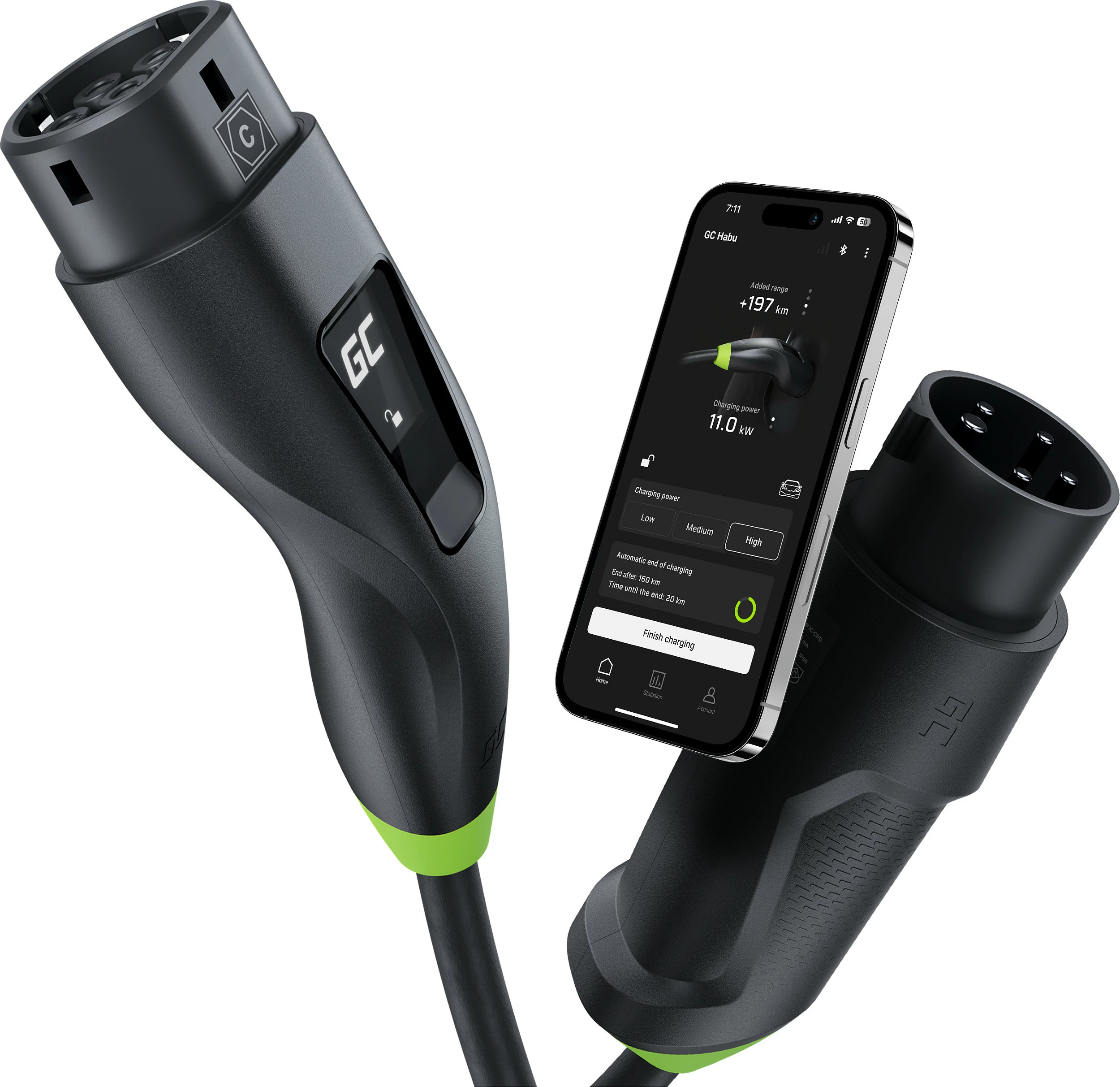 Stacion karikimi EV Green Cell Habu, 7 m, 2-në-1, 11 kW, i zi