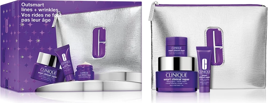 Set për kujdes të lëkurës për femra Clinique Smart Clinical Repair, krem fytyre dhe qafe 50ml, serum 10ml, krem sysh 5ml, çantë kozmetike