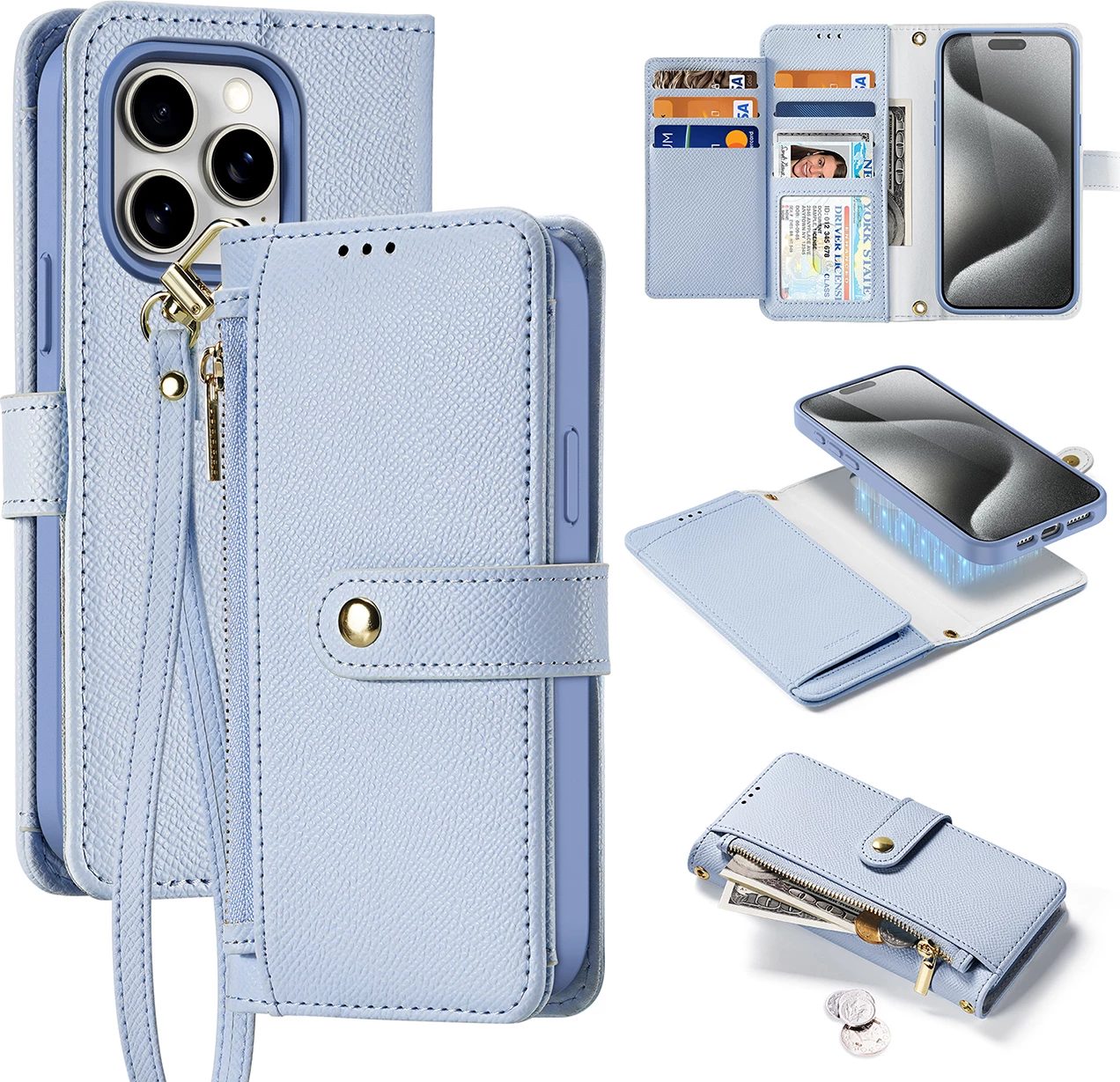 Mbështjellës Dux Ducis Lawa për iPhone 15 Pro, me portofol magnetik, lëkurë, Blu