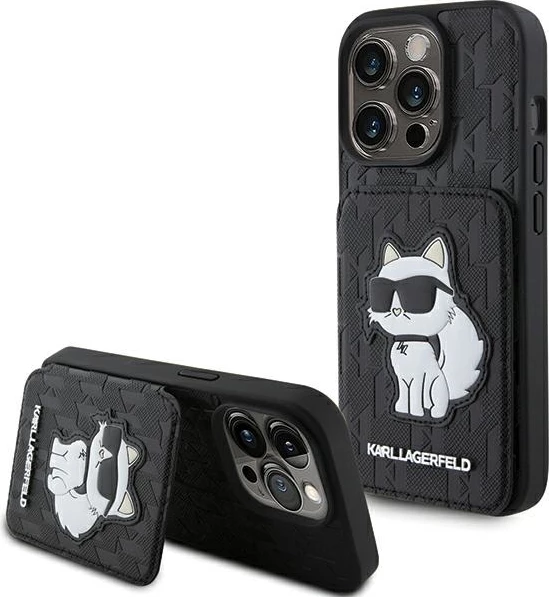 Mbështjellës Karl Lagerfeld Saffiano Cardslots & Stand Monogram Choupette për iPhone 15 Pro, e zezë