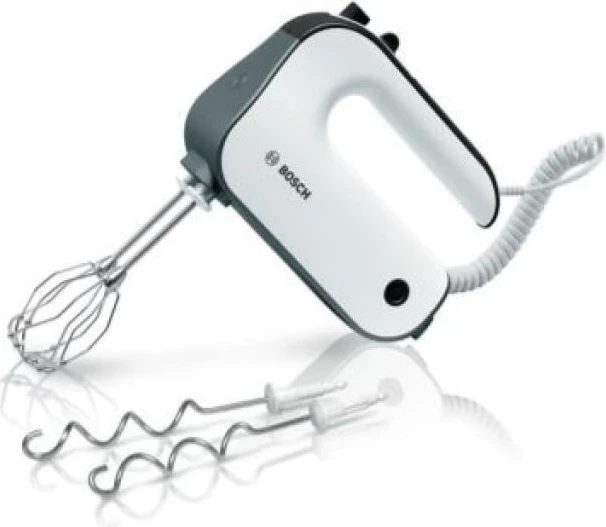 mikser dore Bosch MFQ49300 850 W 5 shpejtësi plus turbo Soft-Touch kabëll spiral me rrahëse FineCreamer dhe grepëza brumi, i bardhë dhe argjendtë