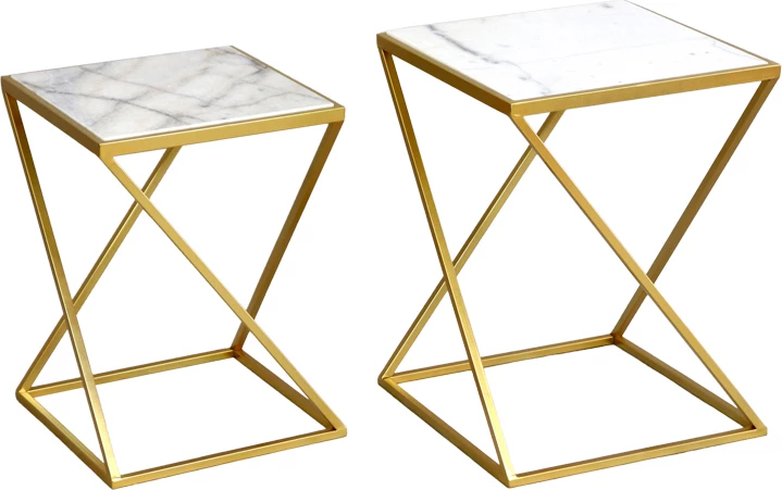 Set tavolinash anësore Zoliene Inart, 2 copë, Metal i artë & Mermer i bardhë
