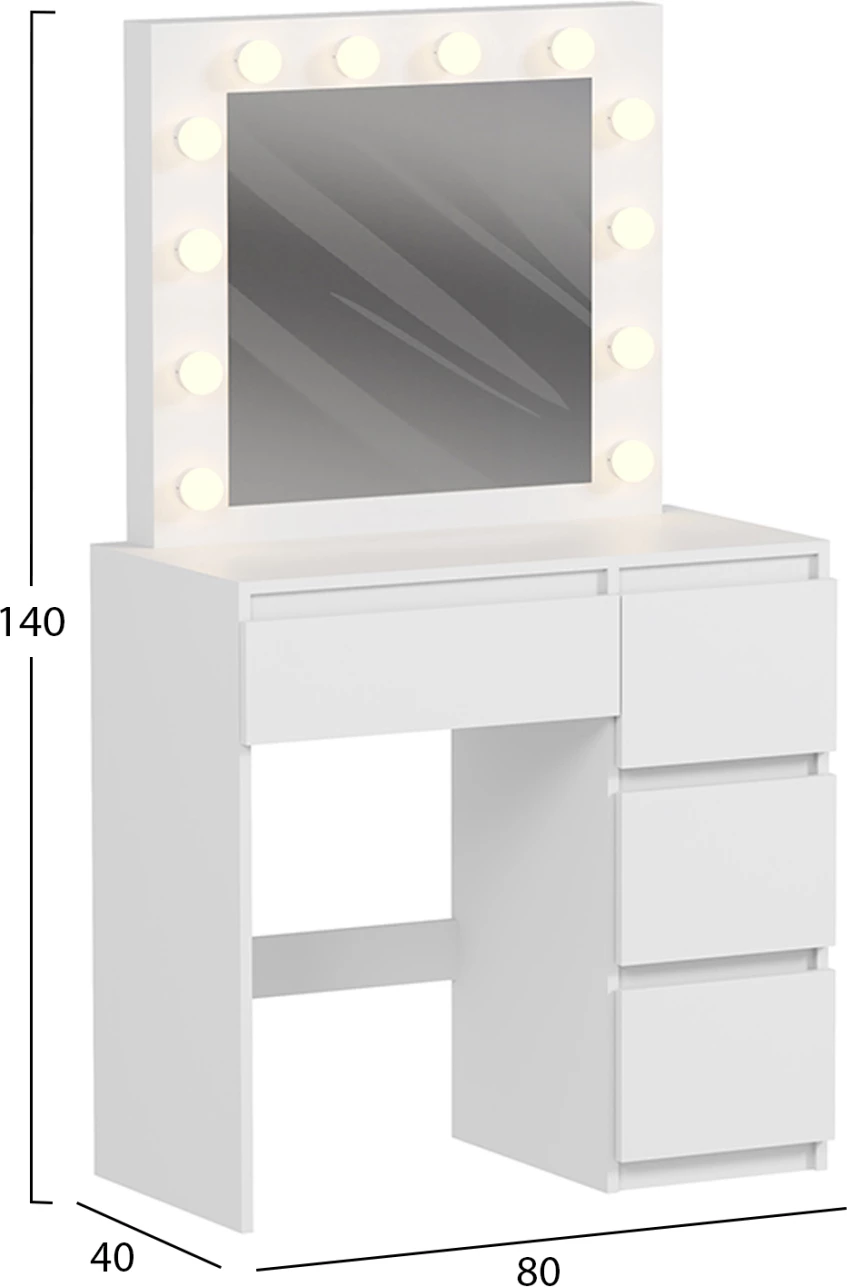 Tavolinë grimi me drita LED & sirtarë KEITLIN FH2499.03 melaminë, e bardhë, 80x40x140Hcm