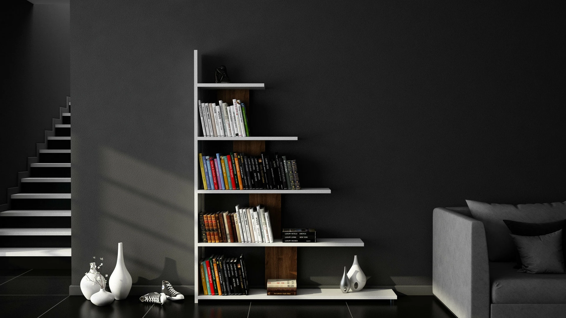 Raft librash modern Skye Decor, ngjyrë e bardhë dhe arre, Reward