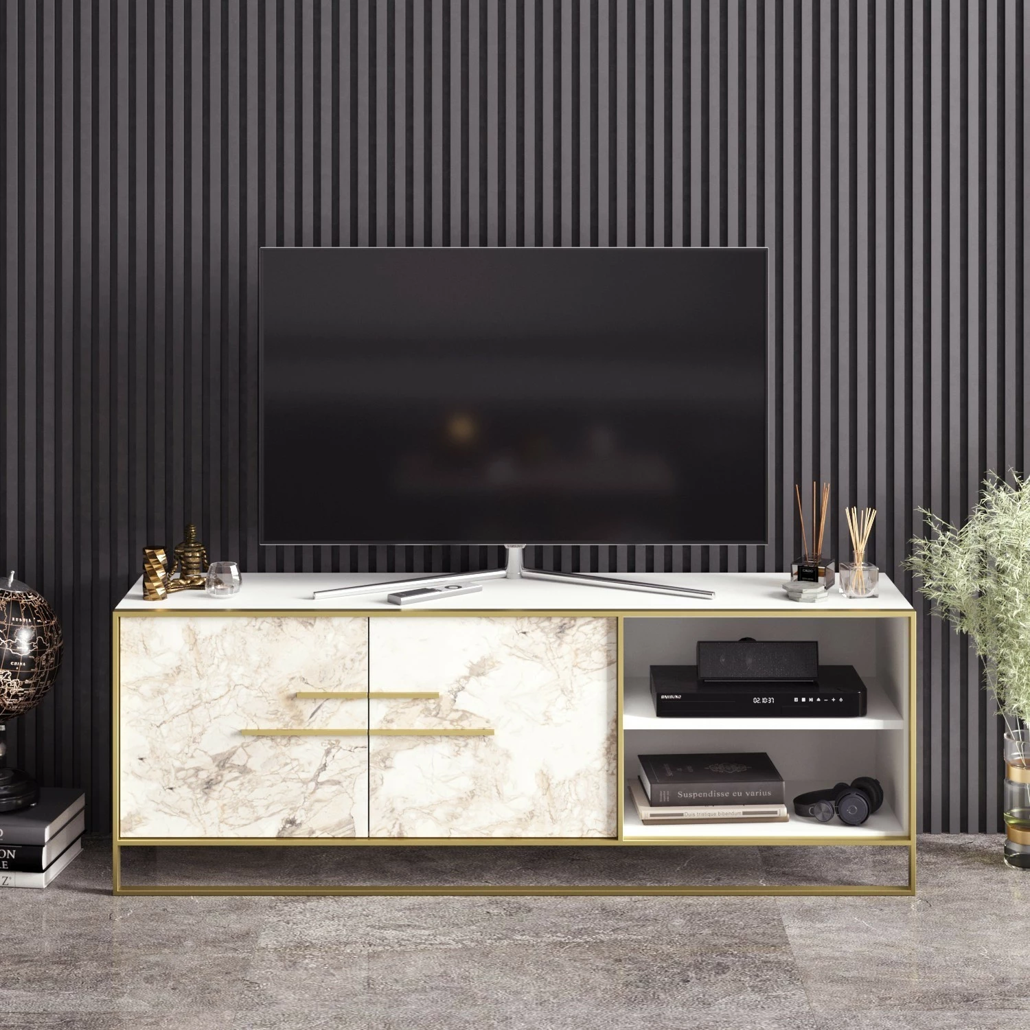 Komodë TV Hanah Home, Polka, e bardhë dhe ari