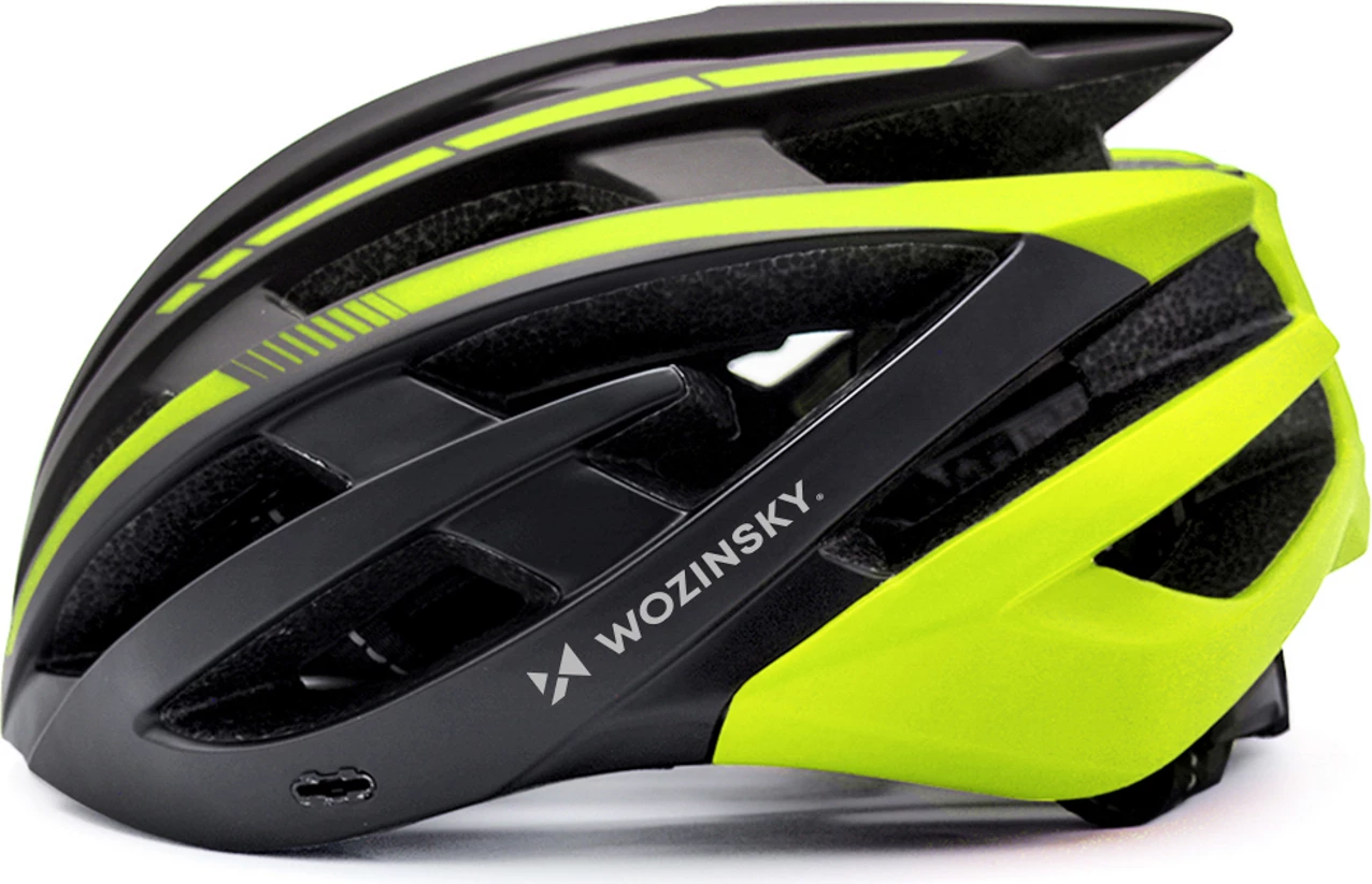 Helmetë biçiklete MTB, Wozinsky HT-28VCZ, me dritë të pasme USB, madhësia M (54-57 cm), e zezë e verdhë