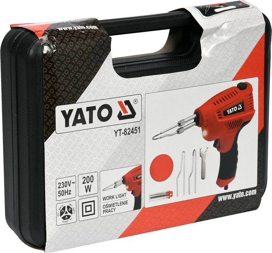 Hekur saldimi transformator Yato YT-82451 200W, rregullim temperature, ndriçim, set 6 pjesë, kuqe/zi