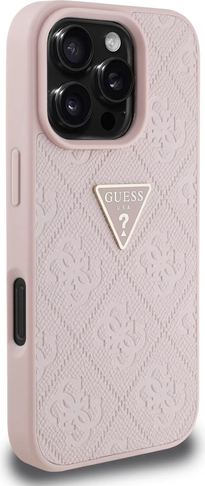 Mbështjellës Guess Hot Stamp 4G Pattern Triangle Metal Logo për iPhone 16 Pro, Rozë