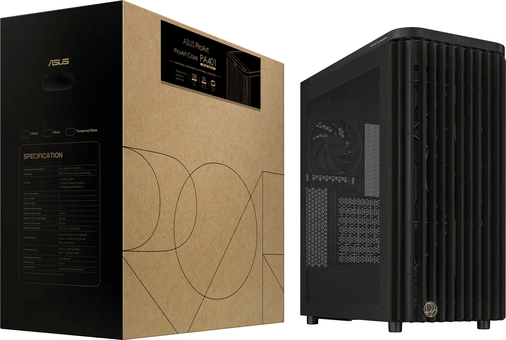 Kasë ASUS ProArt PA401 Wood Mesh PWM, ATX, e zezë