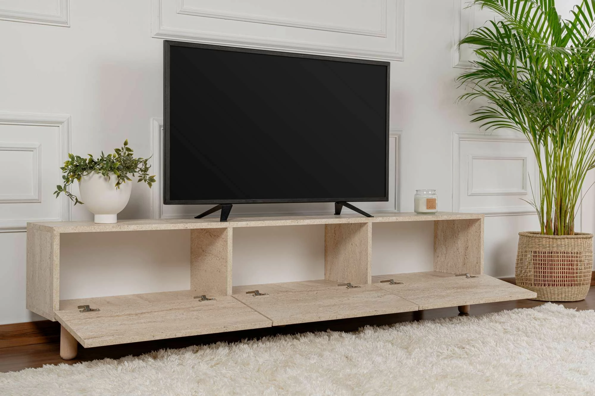 Komodë TV Skye Decor, ngjyrë travertine, Alvin
