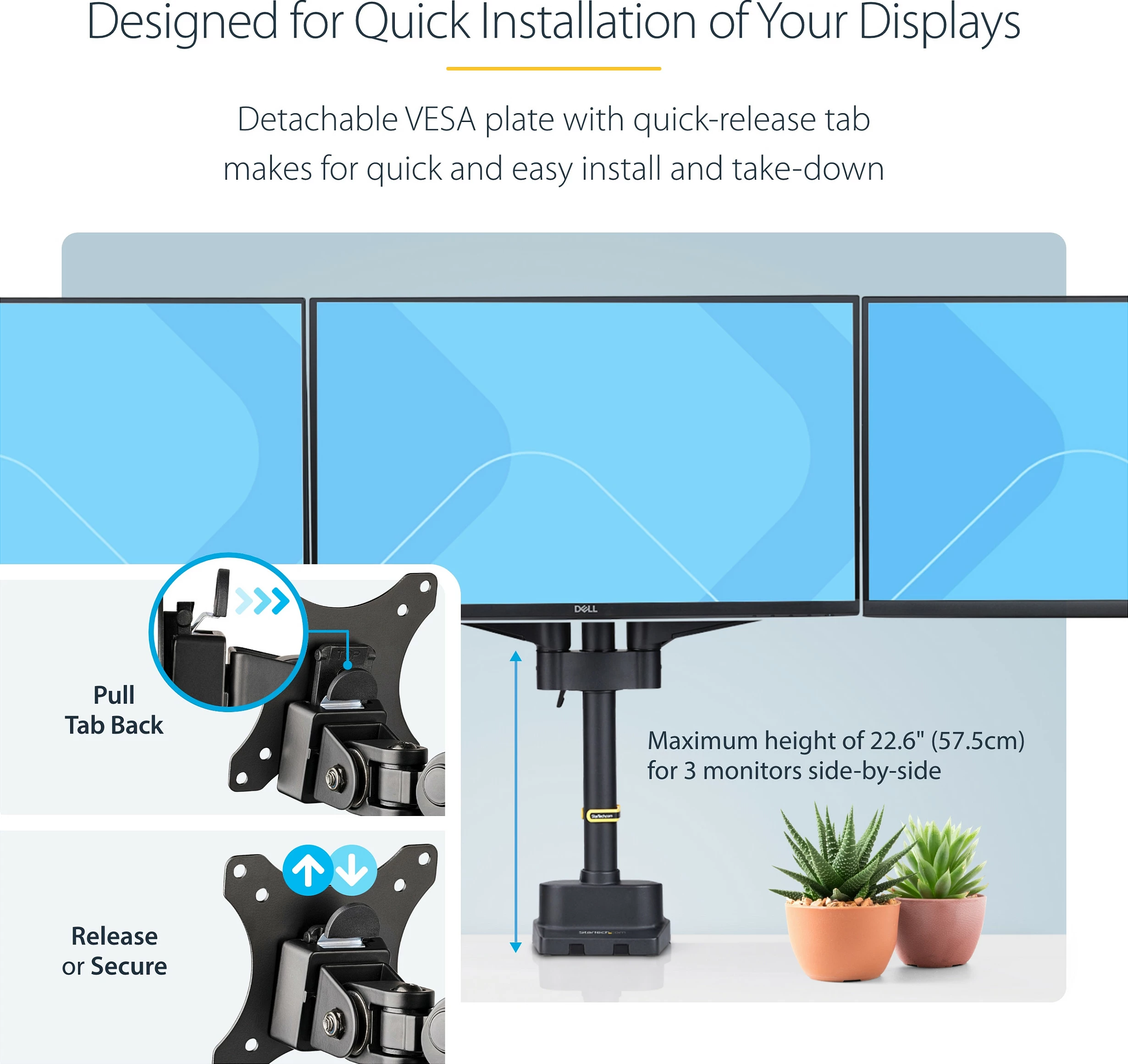 Mbajtëse tavoline për 3 monitorë StarTech, deri 27", VESA 75x75/100x100, clamp/grommet, e zezë