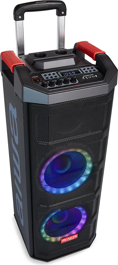 Altoparlant portativ Bluetooth Aiwa KBTUS-608 80 W RMS me drita RGB, me karrocë me rrota, i zi, me 2 mikrofonë wireless