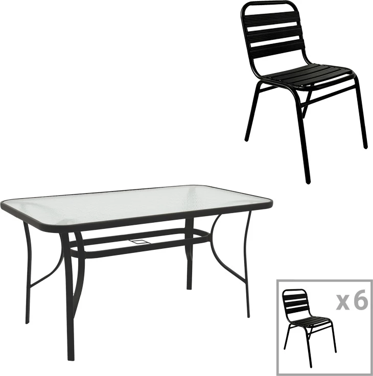 Tavolinë me karrige Sussie-Ensure, 7 copë, metal-xham, ngjyrë e zezë, 140x80x70cm