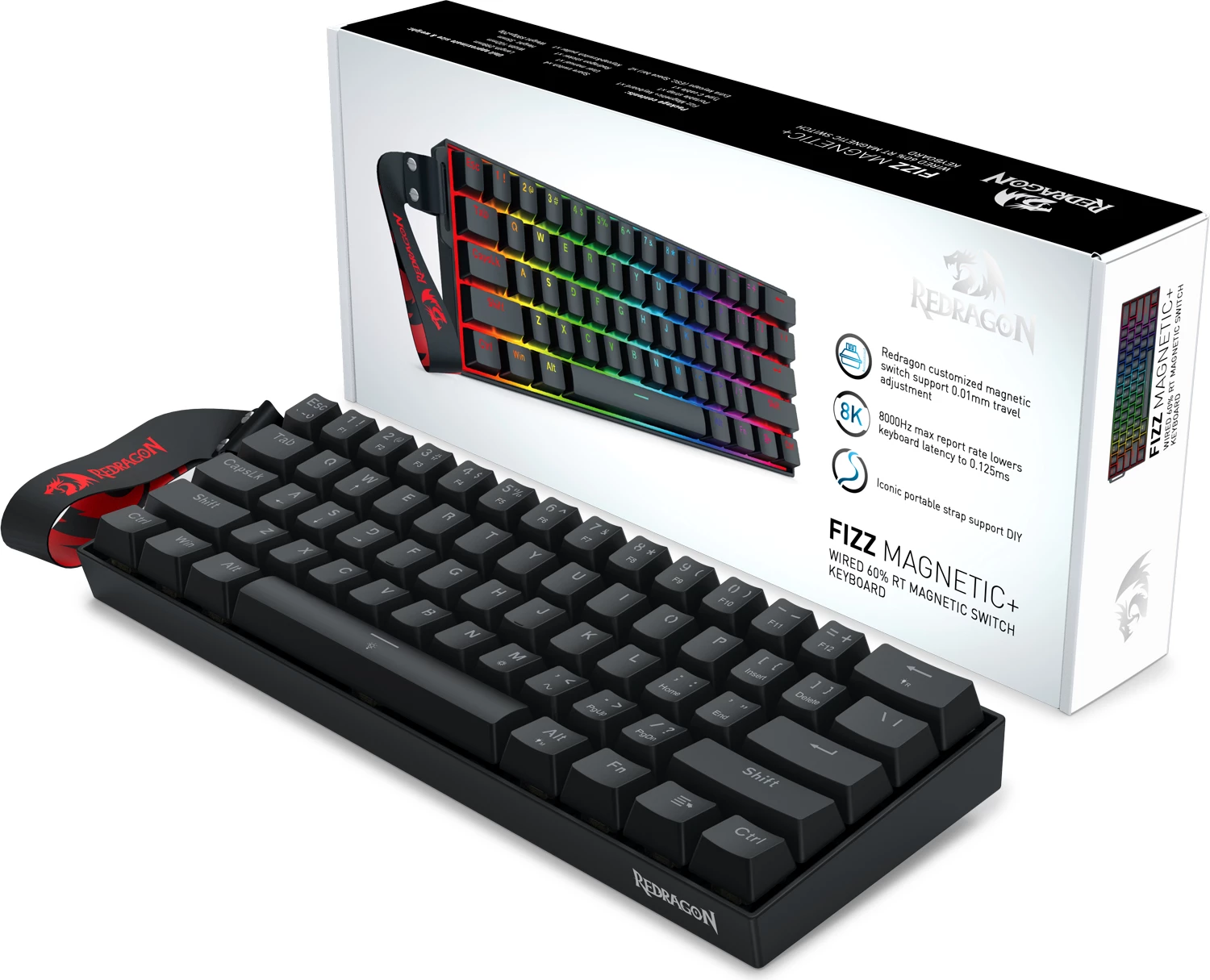 Tastierë gaming me kabllo Redragon Fizz Magnetic Plus K617RGB-MP, Hall Effect, 60% (61 taste), 8000Hz, RGB, USB-C e heqshme, e zezë