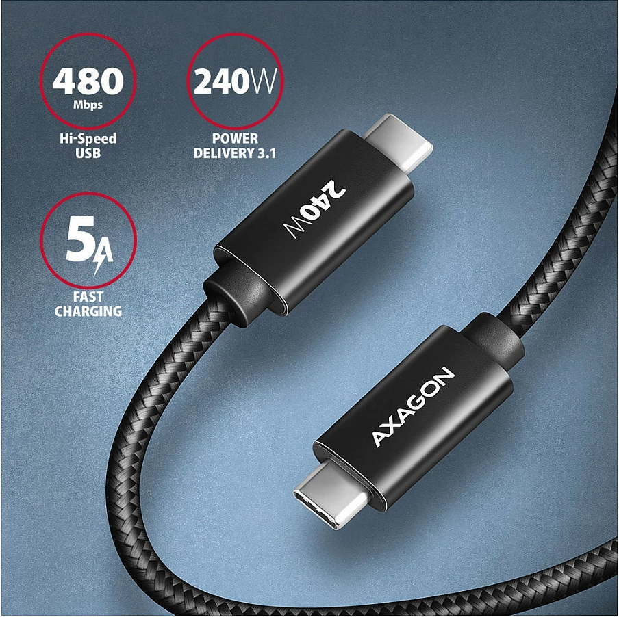 Kabllo karikimi Axagon BUCM2-CM15AB, USB-C në USB-C, 1.5 m, PD 240W, 5A, e zezë
