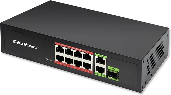 Switch rrjeti Qoltec 52297, 8x RJ45 PoE, 2x RJ45 Uplink, 1x SFP, 120W, 1000Mb/s, i zi