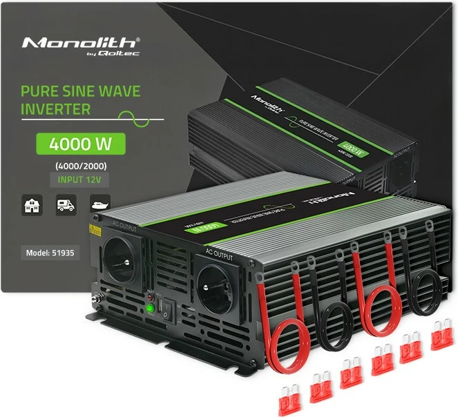 Konvertues voltazhi Qoltec Monolith 51935, 2000W/4000W, 12V në 230V, Pure Sine Wave, Grafit