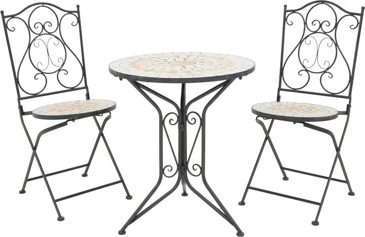 Set tavoline me karrige për terasë, mozaik, metal i zi, 3 pjesë