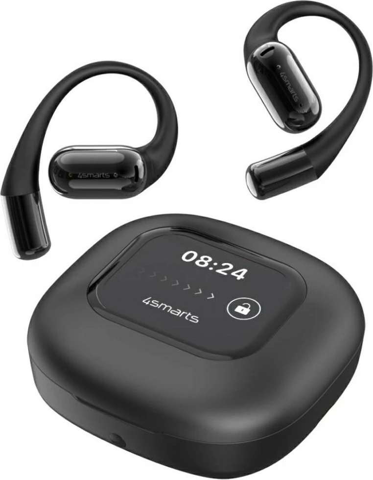 Kufje Bluetooth 4smarts SkyBuds OWS KAT07418, Bluetooth 5.4, ekran AI në kuti, kapëse veshi, kohë pune 28h, të zeza