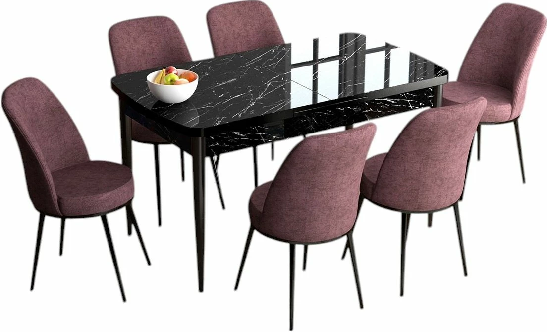 Set tavoline me karrige për ngrënie, e zgjatshme, 7 copë, Skye Decor, Han, mermer i zi, Dusty Rose