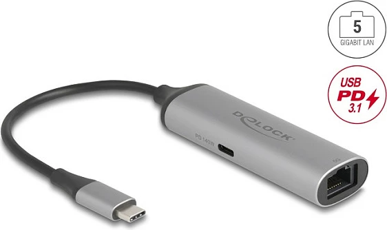 Adapter rrjeti DeLOCK 81591, USB-C në LAN RJ-45 5Gbps, PD 140W, antracit/zi