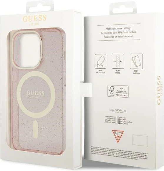 Mbështjellës Guess GUHMP14LHCMCGP për iPhone 14 Pro 6.1", Glitter Gold MagSafe, Rozë