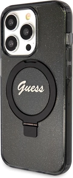 Mbështjellës Guess Ring Stand Script Glitter MagSafe për iPhone 14 Pro Max, i zi