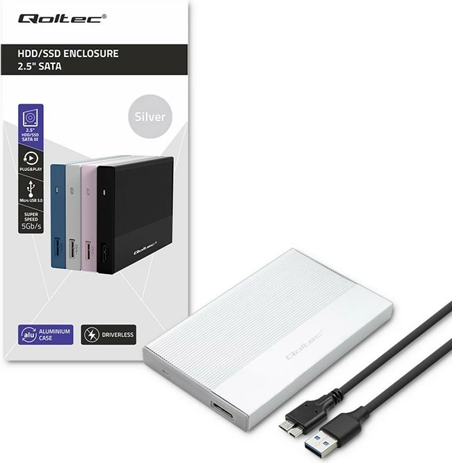 Kasë Qoltec 52278 për SSD/HDD 2.5", USB 3.0, 2TB, Argjendtë