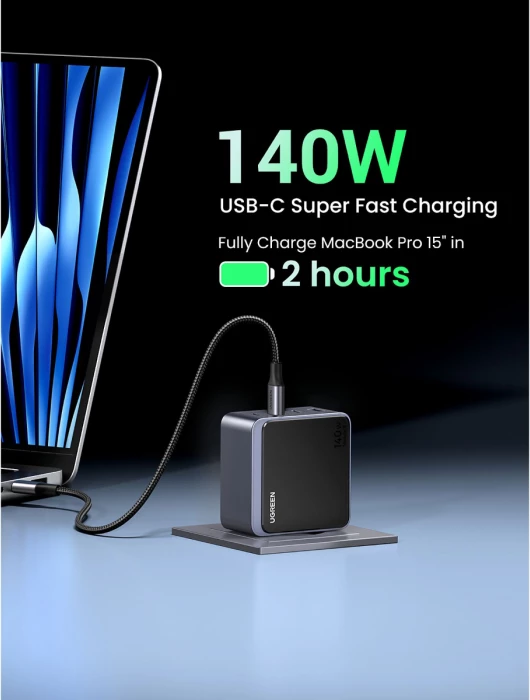 Karikues GaN UGREEN Nexode S 45575 140W, 3x USB-C + 1x USB-A, i zi/gri
