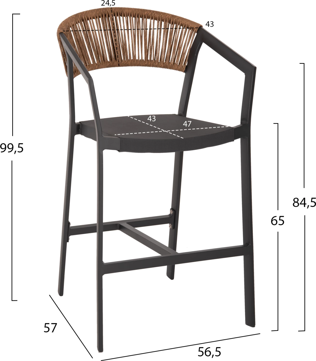 Karrige për bar alumini antracit FH5892.11 lartësi mesatare me krahë-rattan&textline 56,5x57x99,5Hcm