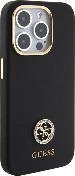 Mbështjellës Guess Silicone Logo Strass 4G për iPhone 15 Pro Max, zi