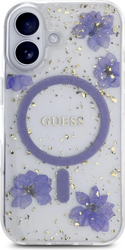 Mbështjellës Guess Resin Flowers Glitter MagSafe për iPhone 16, Vjollcë