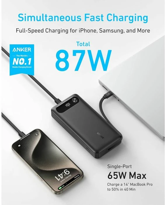 Powerbank Anker A1383H11 20000mAh 87W me kabllo USB-C të integrume, e zezë