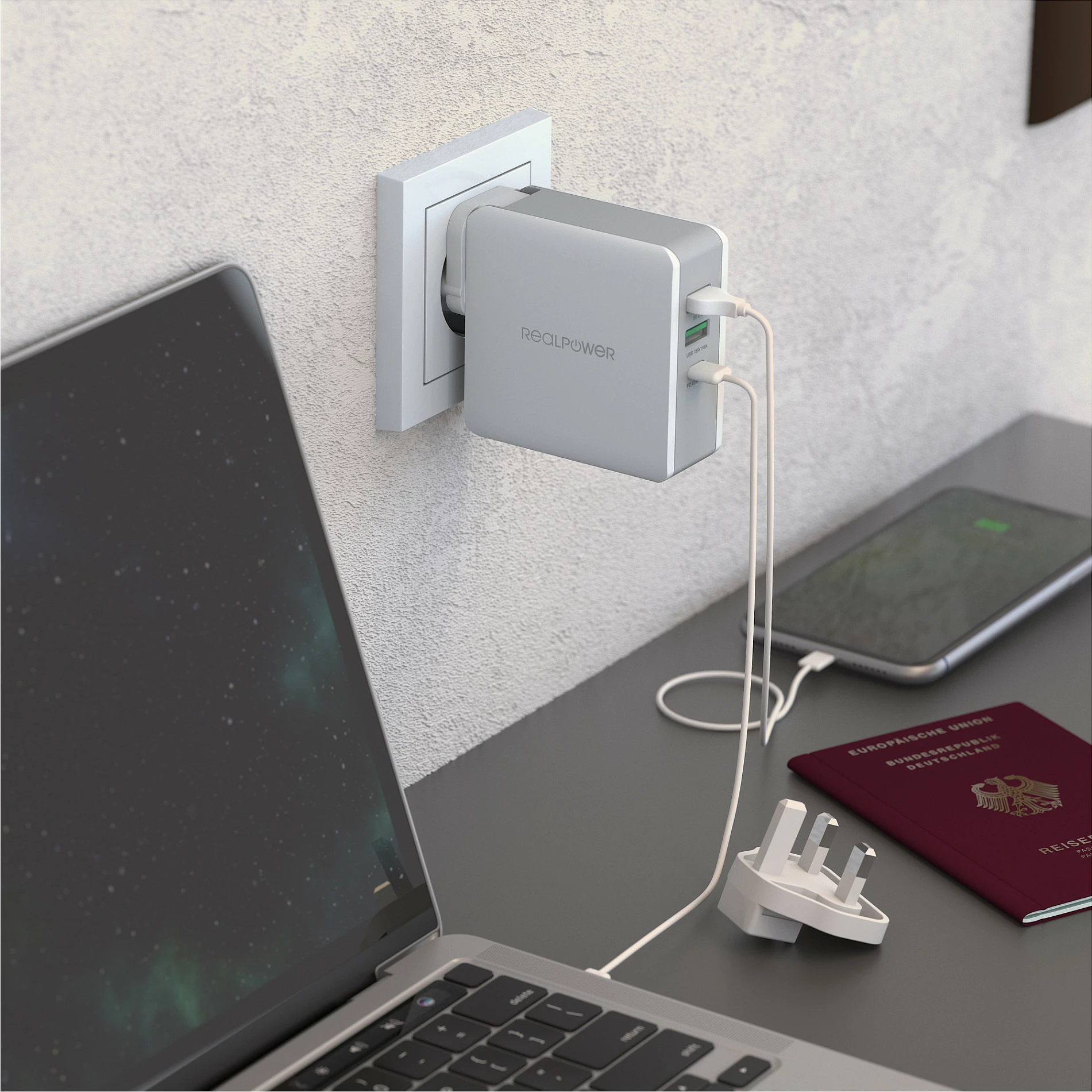 Karikues muri RealPower DeskCharge-65 Travel, 65W, USB-C PD + 2x USB-A, gri