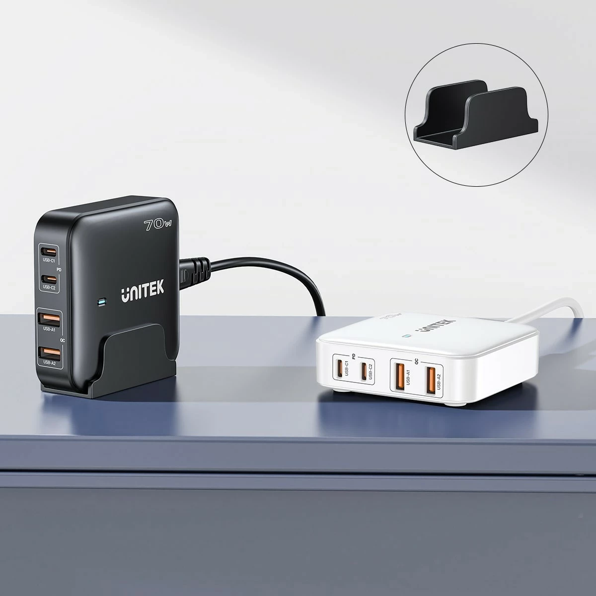 Karikues Unitek GaN 70W 2xUSB-A 2xUSB-C i bardhë