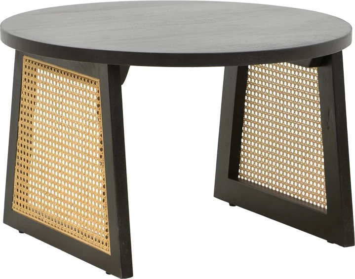 Tavolinë Tamarind, dru mango, ratan natyral, ngjyrë e zezë, Φ65x40cm