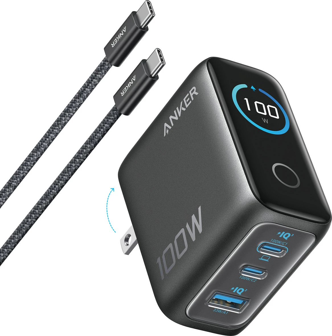 Karikues Anker 100W, 2x USB-C + 1x USB-A, me display, i zi