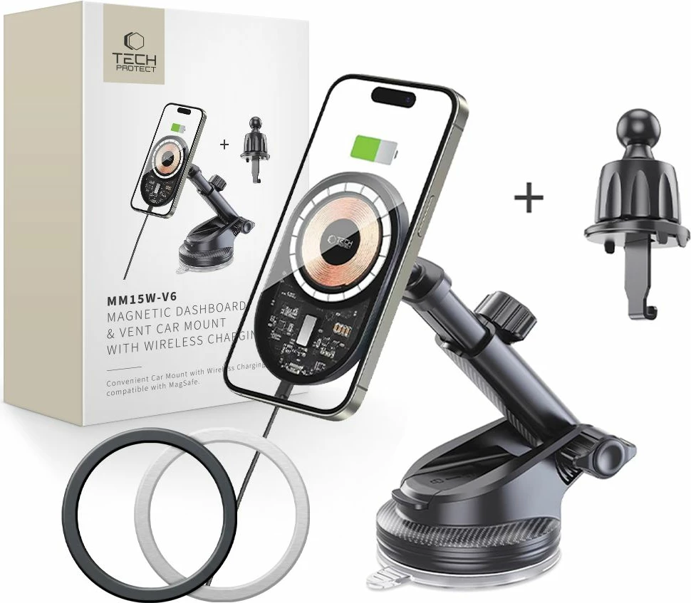 Mbajtës dhe karikues magnetik për veturë Tech-Protect MM15W-V6, MagSafe, 15W, i zi