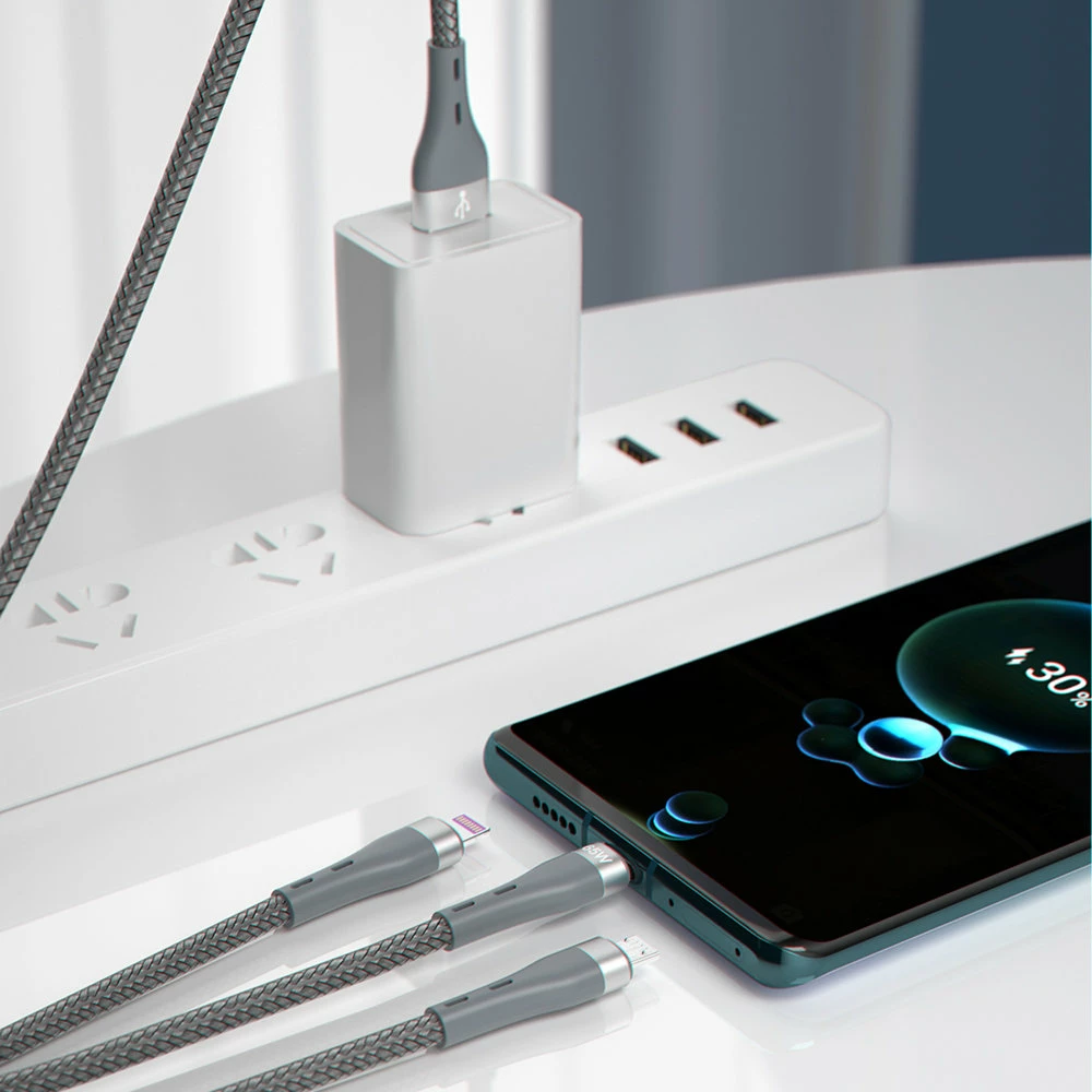 Kabllo USB 3-në-1 Dudao L20X 65W 1.2 m USB-A në USB-C/Micro USB/Lightning, gri