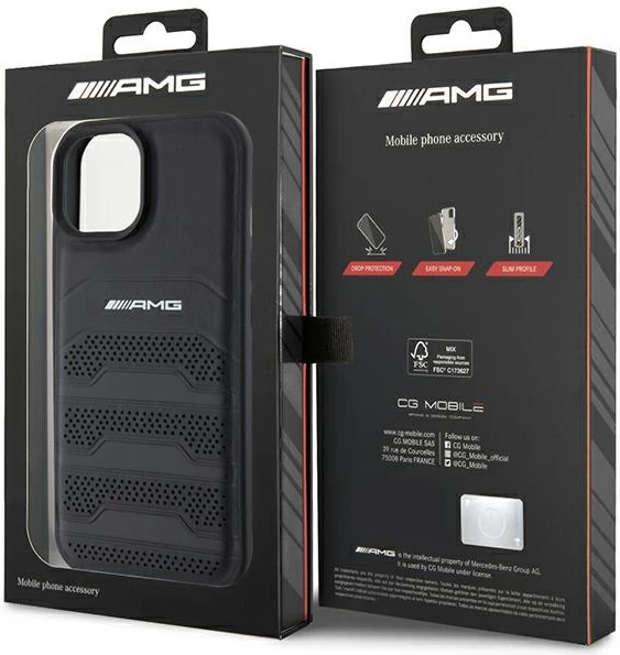 Mbështjellës Mercedes AMG Leather Debossed Lines për iPhone 15 Plus, i zi