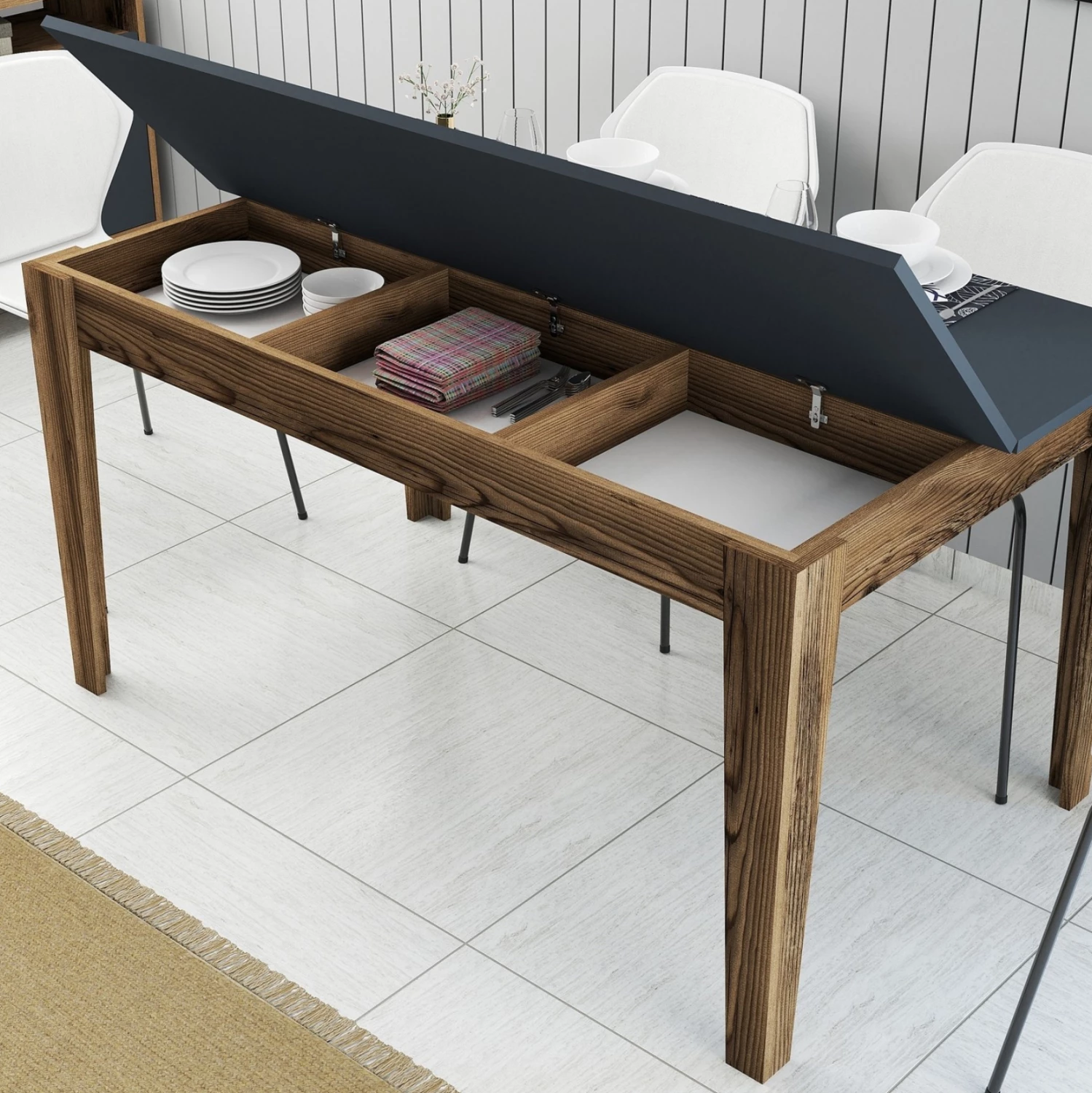 Tavolinë drejtkëndore me hapje, ngjyrë arrë-antracit, me hapësirë për ruajtje, 145x88x75cm