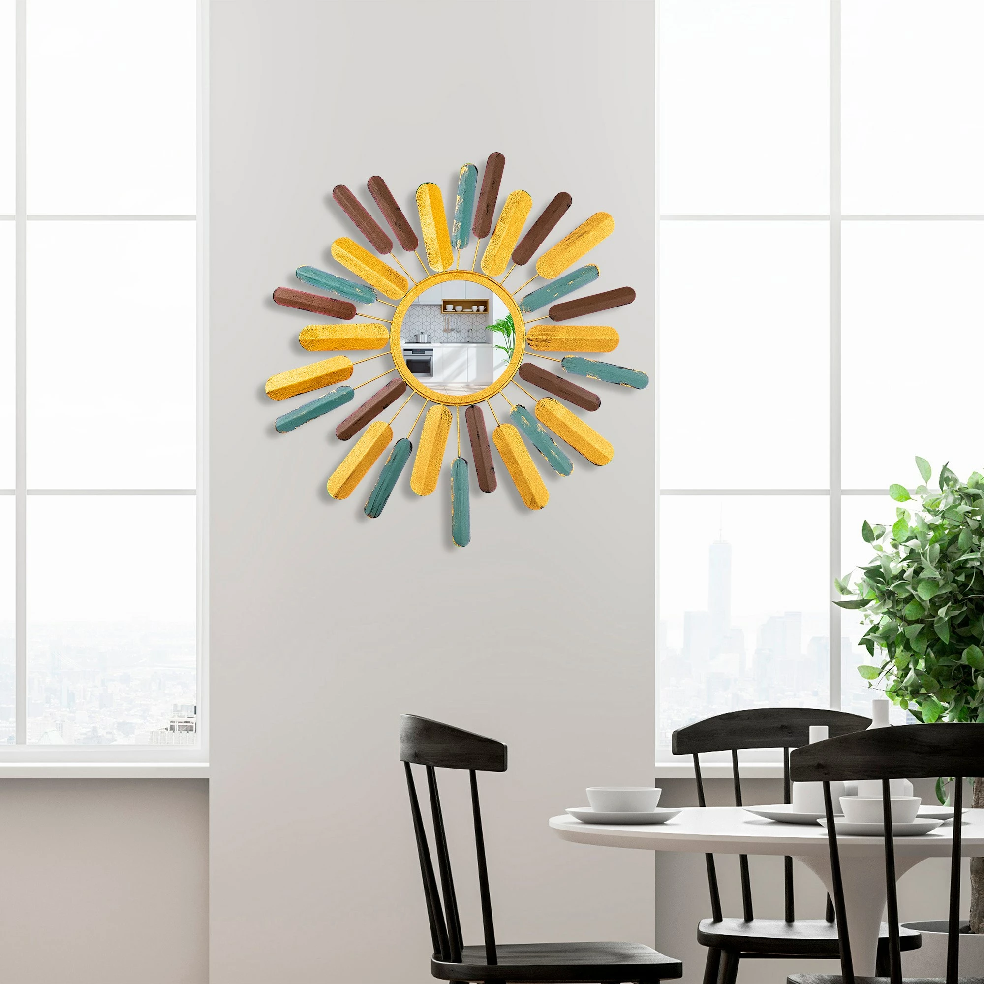 Pasqyrë dekorative, model dielli, shumëngjyrëshe, Mirror Sun 2, 75x75x4cm