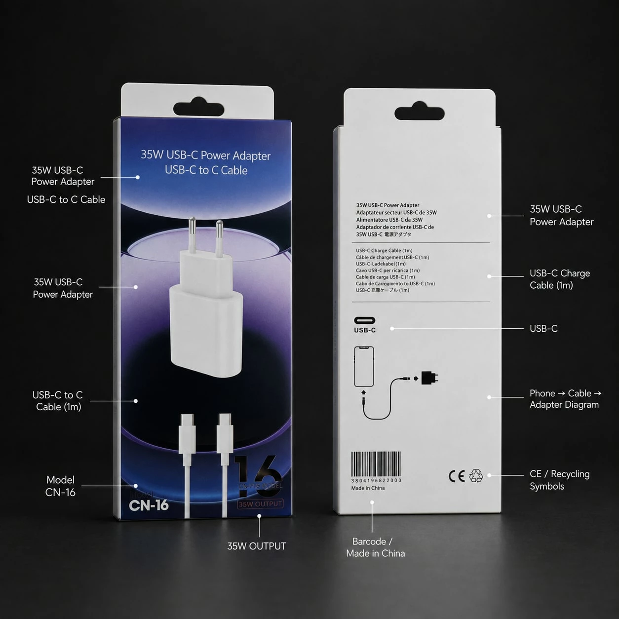 Karikues USB-C 35W për iPhone 16 Pro Max me Kabllo USB-C në USB-C 1 m - Adapter Rryme me Prizë EU