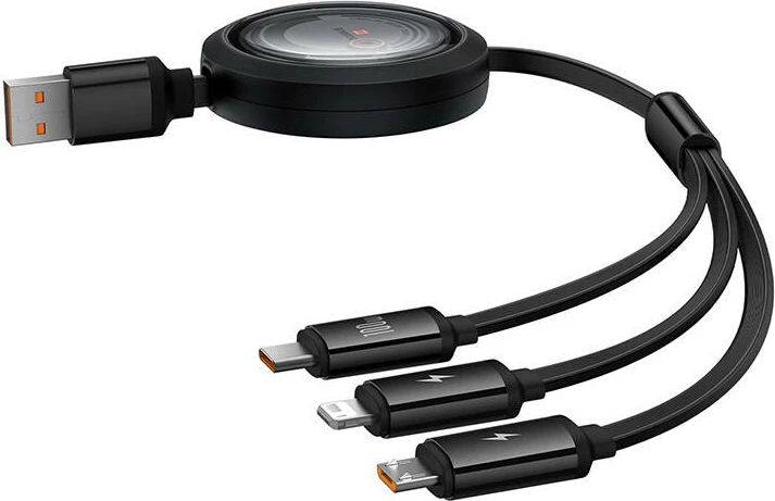 Kabllo 3-në-1 Baseus Free2Draw, 1.1m, 100W, USB në Micro+Lightning+USB-C, e zezë