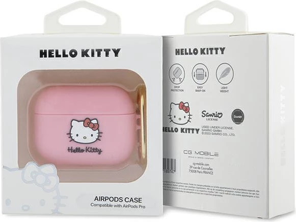Mbështjellës Hello Kitty Silicone 3D Kitty Head për AirPods Pro, rozë