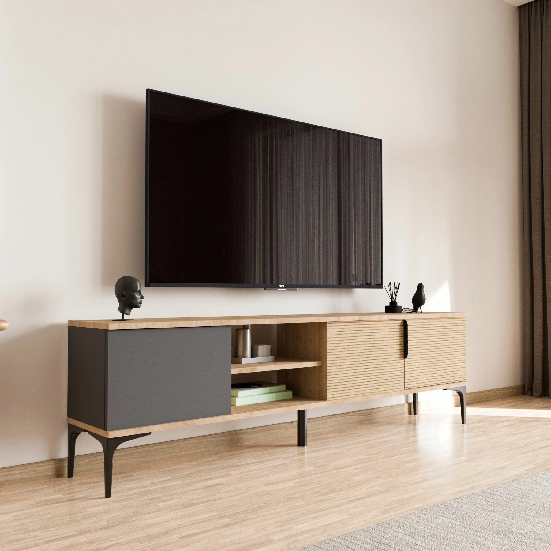Komodë TV Hanah Home, ngjyrë antracit dhe lis, Tarz